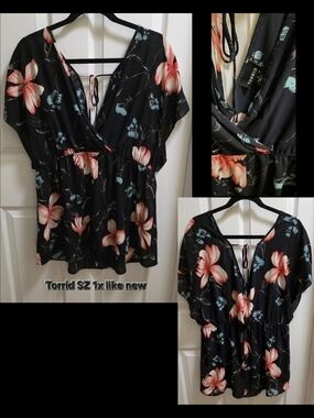 torrid Black Floral Surplice Peplum Top with Coral Accents Sz 1x
